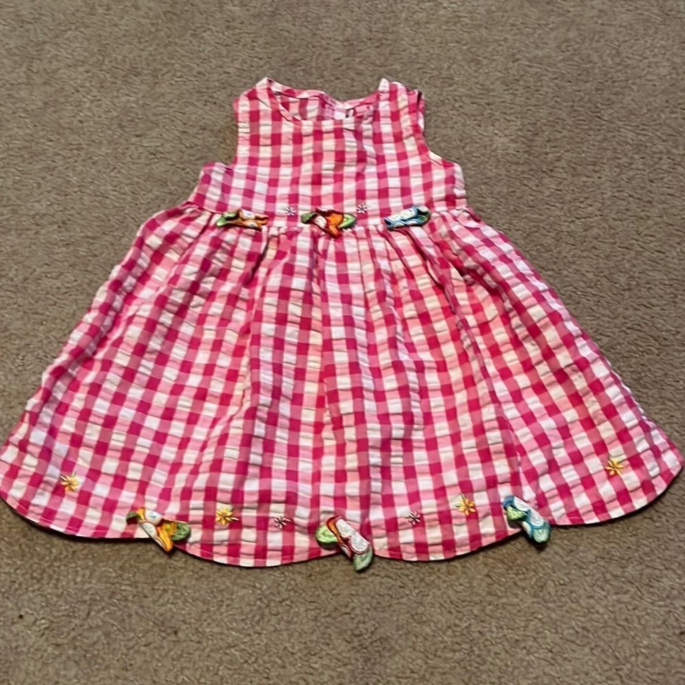 Youngland Pink and White Gingham with Flower Decals 1/2 Button Up Back Dress-3T